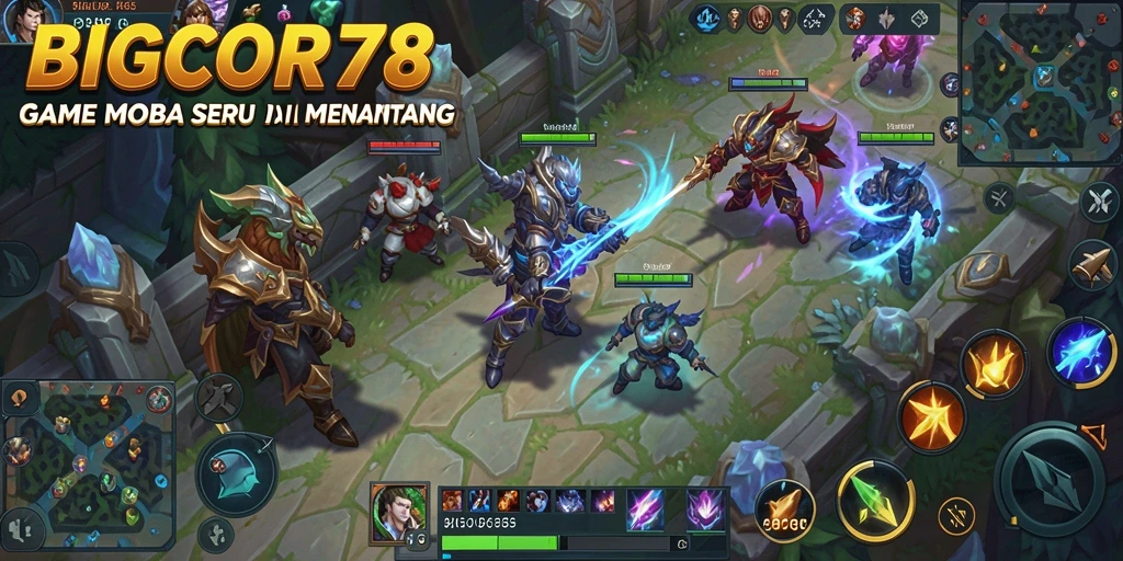 Tampilan gameplay MOBA dengan aksi pertempuran yang intens.