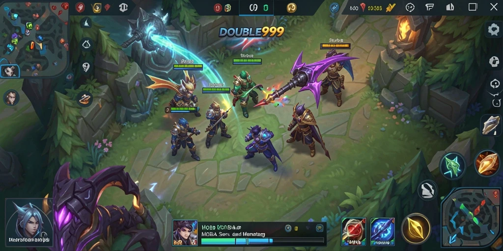 Tangkapan layar gameplay DOUBLE999 menampilkan pertarungan MOBA yang intens dan strategis.