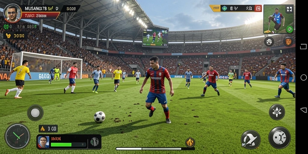 Screenshot MUSANG178 menampilkan aksion laga sepak bola yang intens.