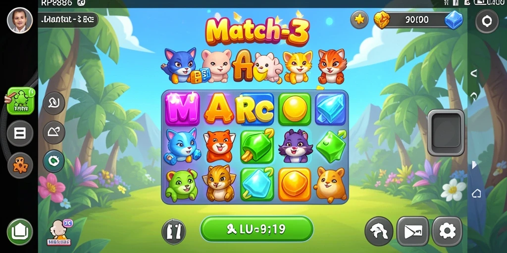 Tangkapan layar gameplay RP886 yang penuh warna dan tantangan Match-3.