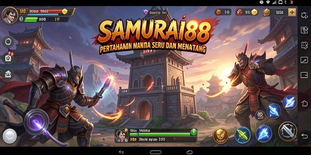 Tampilan gameplay SAMURAI88 dengan menara defensif dan musuh menyerang.