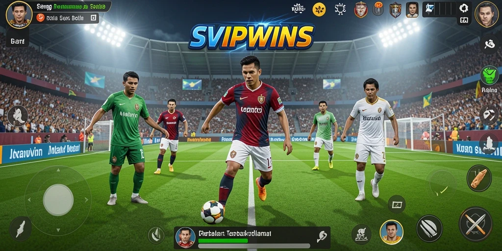 Screenshot SVIPWINS menampilkan aksi seru di lapangan sepak bola.
